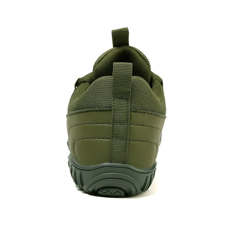 Back view of olive green New Hiking Shoes with durable traction sole designed for versatile outdoor and indoor use, featuring a breathable, barefoot-style fit.
