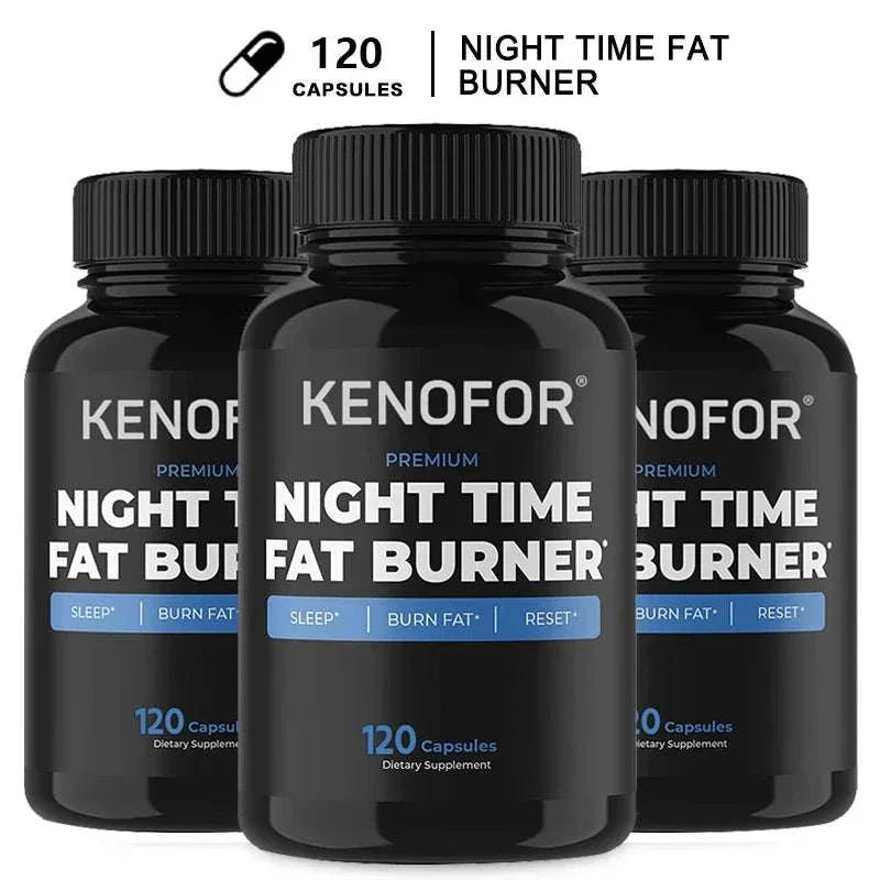 Three black bottles of KENOFOR Night Time Fat Burner Supplement with 120 capsules each for metabolism boost and sleep support.
