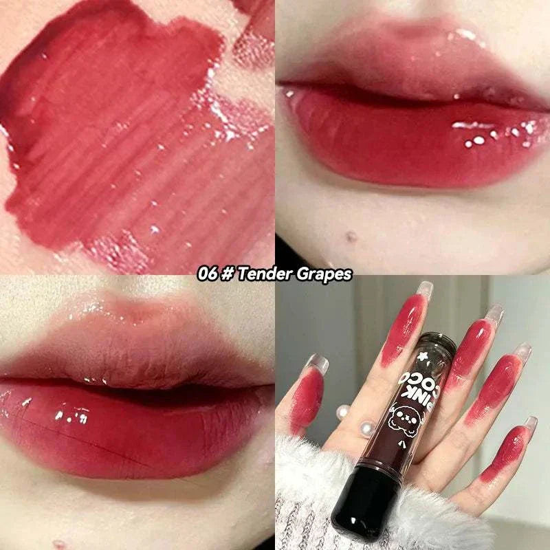 PINKCOCO Bear Doodle Mirror Lip Glaze in Tender Grapes shade showing glossy, hydrating finish on lips and cute bear doodle packaging