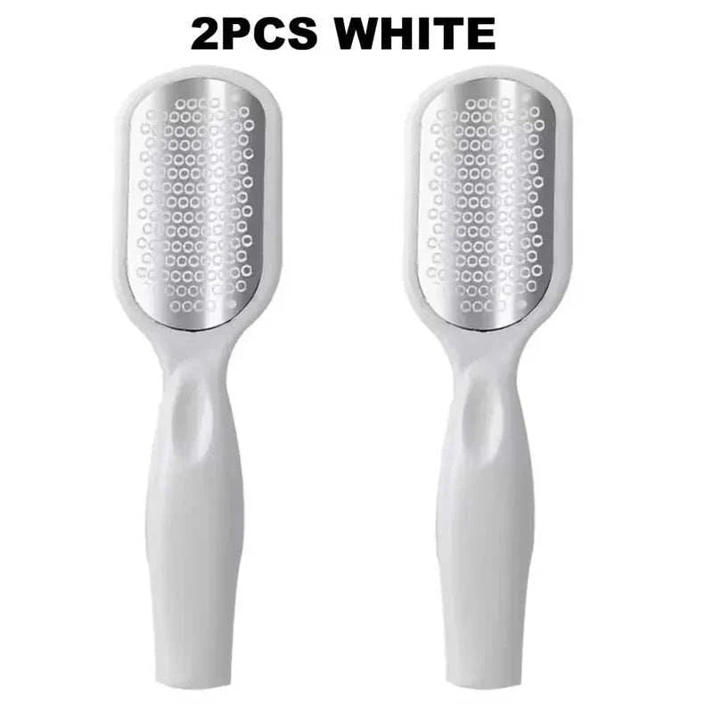 Two white Foot File Professional Rasp callus removers with ergonomic handles for foot care