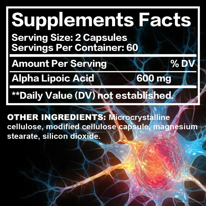 Natrol alpha lipoic acid 600 mg supplement facts label with neural background illustration