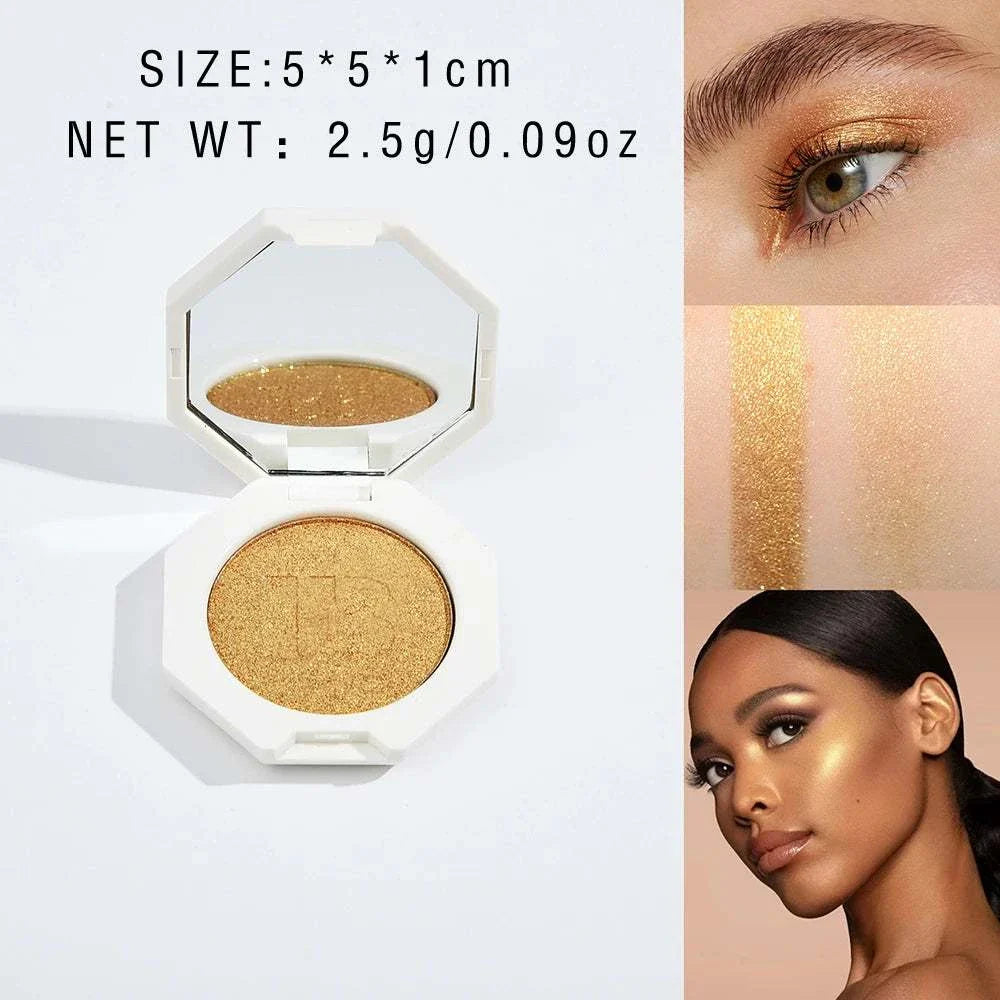 Compact face and body shimmering highlighter in gold with smooth, blendable texture and radiant glow demonstration on diverse skin tones