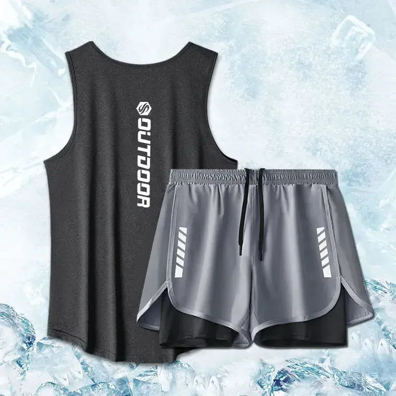 Men's summer quick-dry fitness tracksuit vest and shorts set with breathable fabric and athletic design