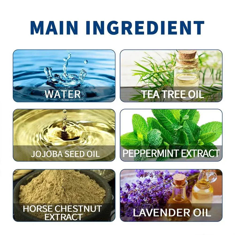 Main ingredients of antibacterial shoe and foot odor spray: water, tea tree oil, jojoba seed oil, peppermint extract, horse chestnut extract, and lavender oil.