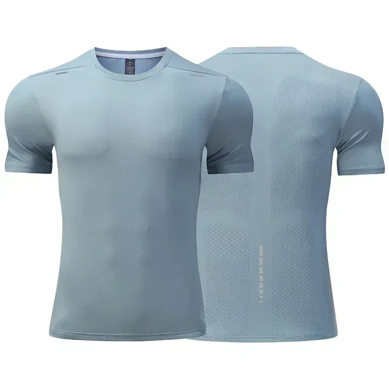 Men's summer loose breathable quick-dry fitness t-shirt in light blue for cycling running and gym workouts