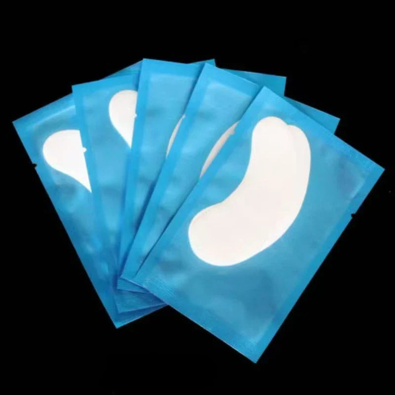 50 pairs eyelash gel patches in blue individual packets for under-eye lash extension and eye care