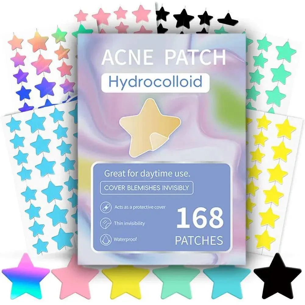 Colorful star-shaped hydrocolloid acne patches with waterproof and invisible properties in various pastel colors for blemish coverage and acne treatment.