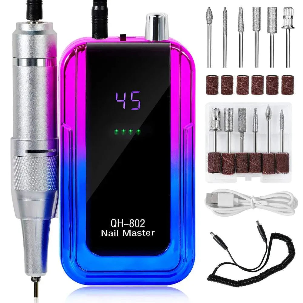 Rechargeable nail drill machine with 45,000 RPM, laser gradient design, cordless operation, USB charging, ergonomic handpiece, and complete set of drill bits and sanding bands.