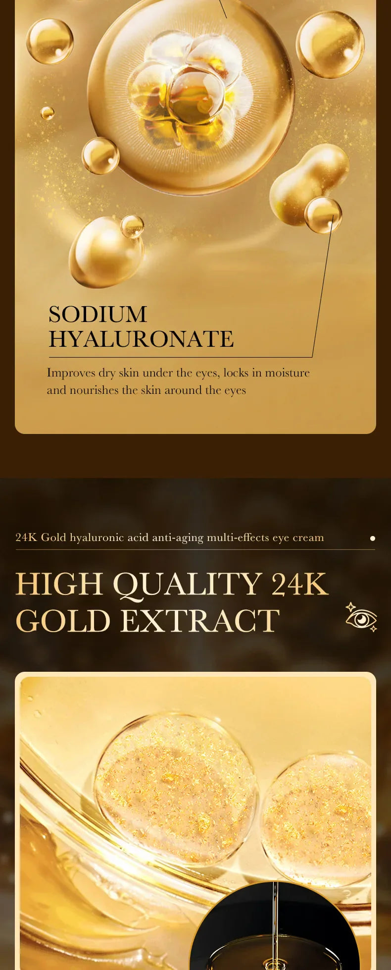 24K Gold Hyaluronic Acid eye cream with anti-aging, brightening, and hydrating properties for reducing dark circles and puffiness
