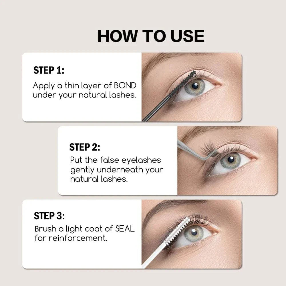 Step-by-step lash application using 2-in-1 Bond & Seal Lash Glue for secure, waterproof hold