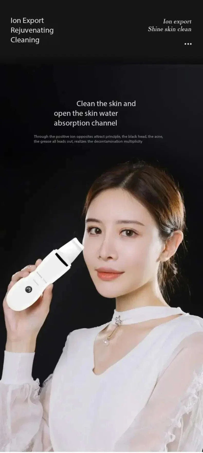 Woman using a white rechargeable blackhead remover device for deep pore cleansing and acne care