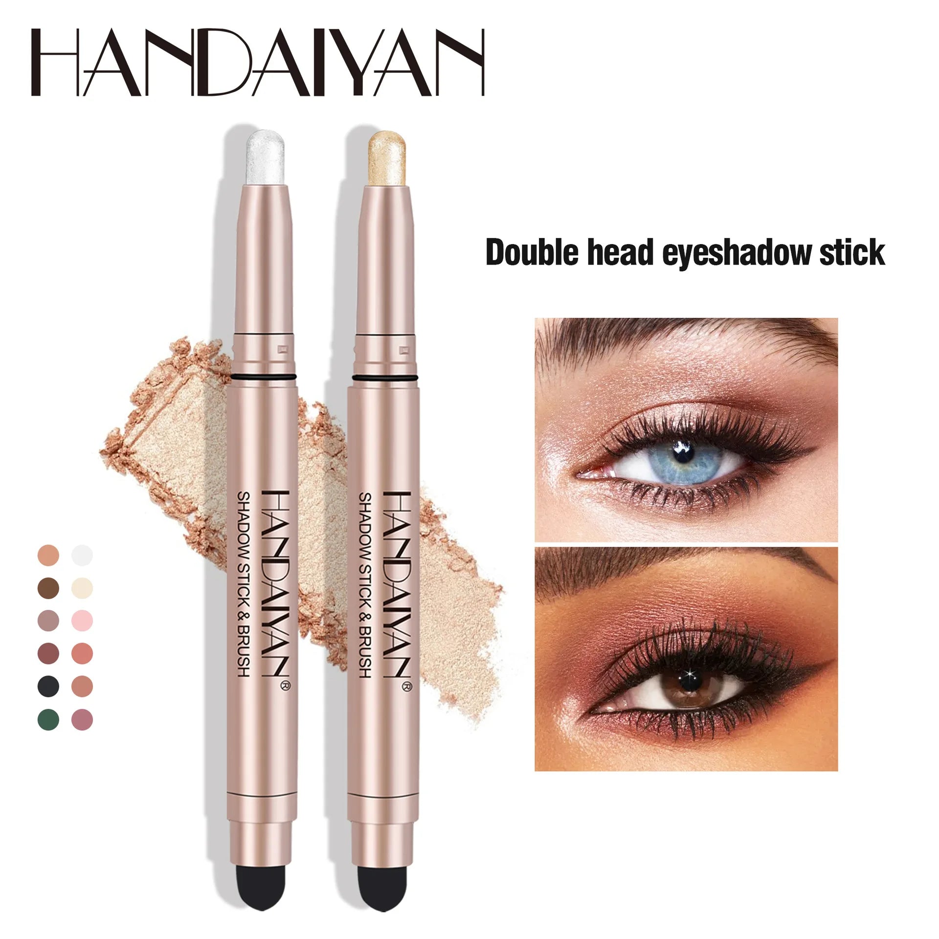 Handaiyan double head highlighting eye shadow stick with shimmer tones and brush for radiant eye makeup