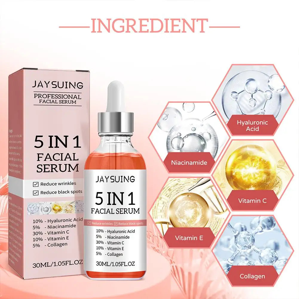 5 In 1 Fade fine lines firming face serum with Vitamin C, Hyaluronic Acid, Niacinamide, Vitamin E, and Collagen for radiant, hydrated skin