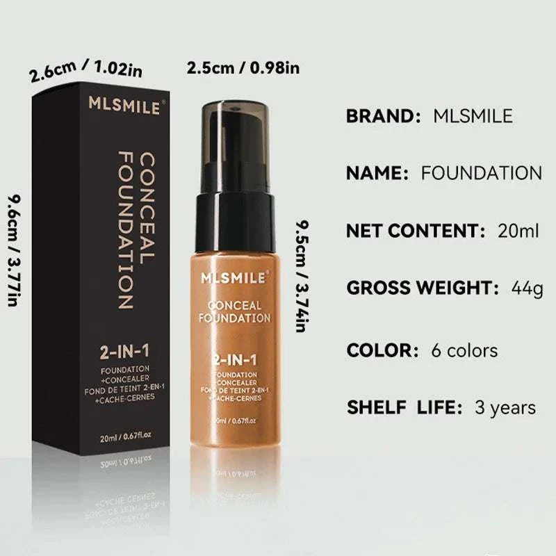 Face Foundation Cream bottle with black pump and packaging box, 2-in-1 concealer and foundation, 20ml size, available in 6 colors, oil-control matte finish for all skin types.