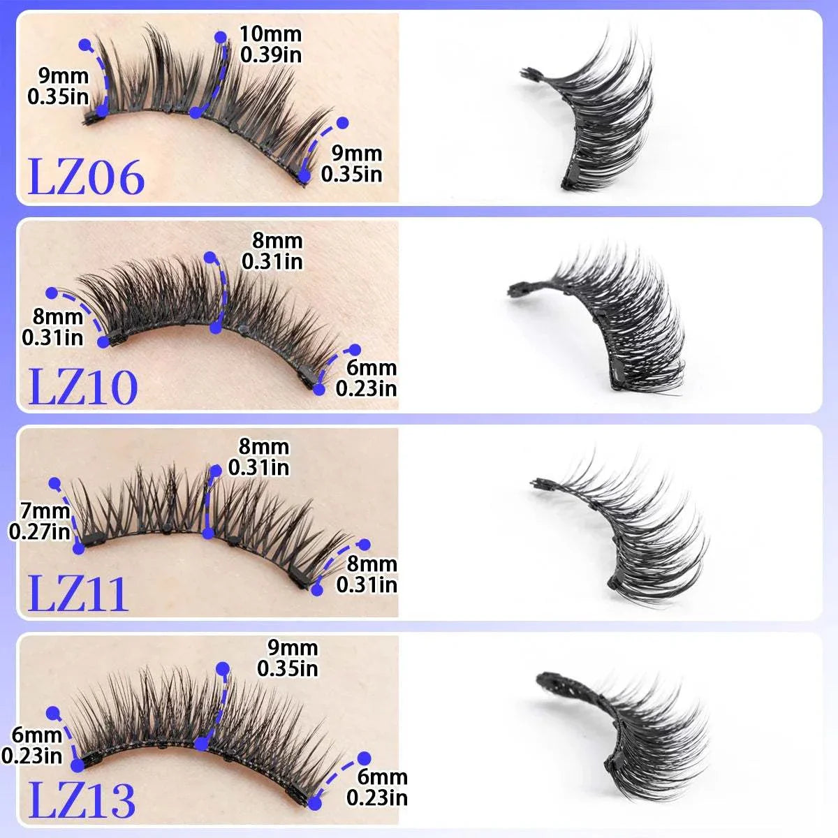 Set of reusable hot magnetic eyelashes with varying lengths and natural curl, designed for effortless, glue-free application using included magnetic tweezers