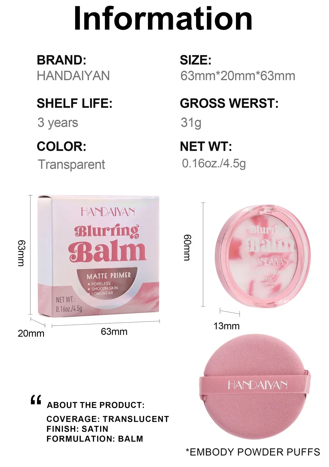 Handaiyan Light Mist Setting Powder translucent matte primer with built-in puff for oil control and brightening