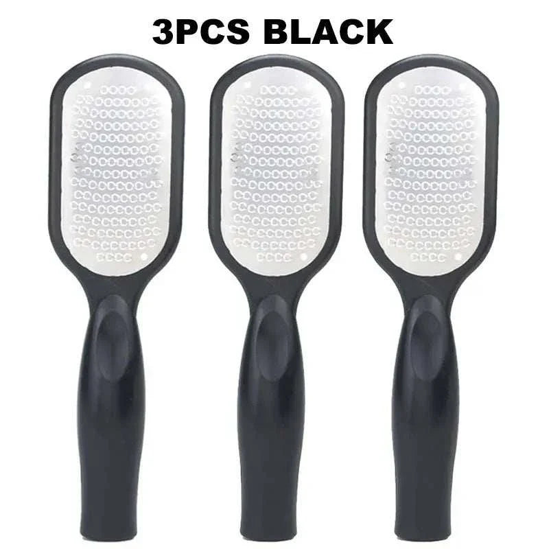 Set of three black Foot File Professional Rasps with ergonomic handles and stainless steel grating surfaces for callus and heel skin removal.