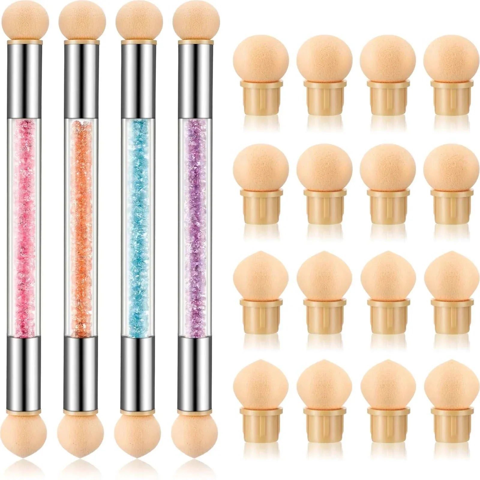 Set of colorful double-headed sponge nail art brushes with multiple interchangeable sponge tips for gradient and dotting designs