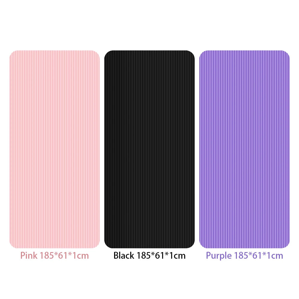 Set of pink, black, and purple non-slip yoga mats with textured surface and thick cushioning, 185x61x1cm each, ideal for yoga and Pilates.