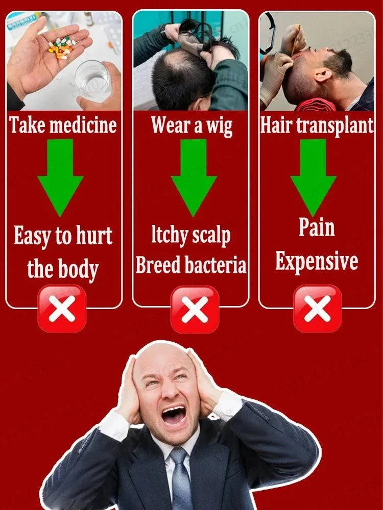 Comparison of hair loss solutions showing medication, wig, and hair transplant drawbacks with frustrated man holding head against red background for hair growth treatment promotion