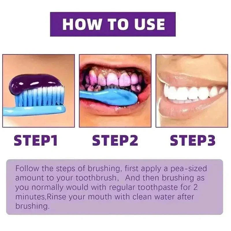 5D Teeth Whitening Stick usage steps showing application on toothbrush, brushing teeth, and resulting bright smile