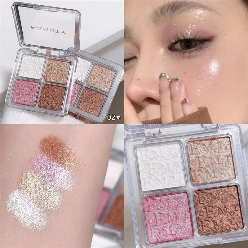 4 Colors Diamond Highlighter Powder Palette with four shimmering shades, glitter finish, and swatches on skin and cheeks