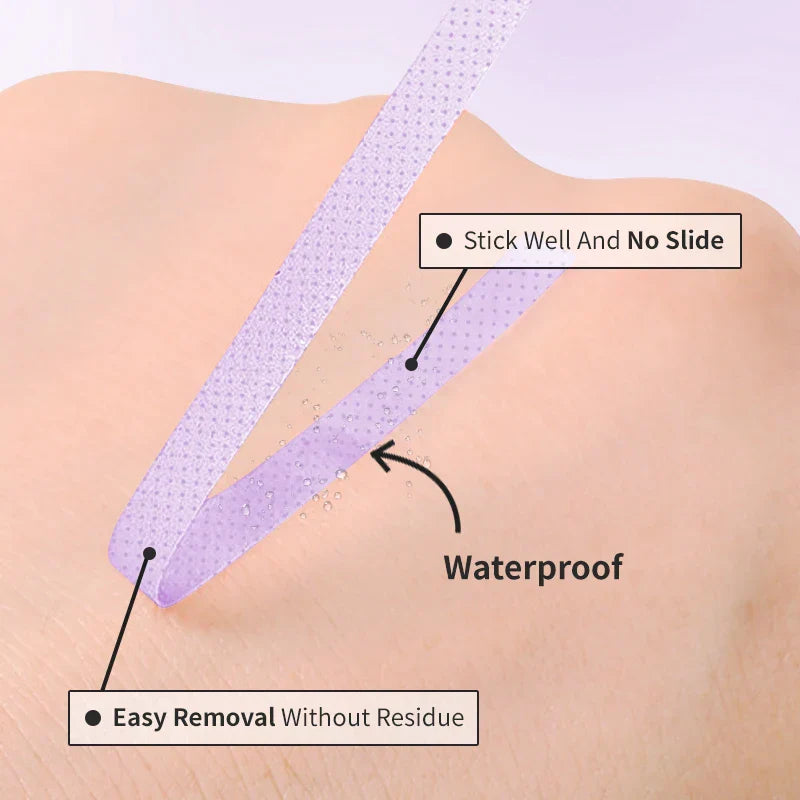 Micropore eyelash extension tape showing waterproof, no slide hold, and easy residue-free removal on skin