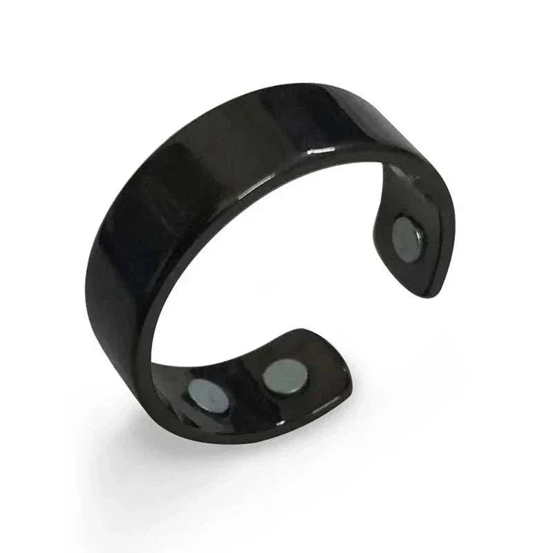 Black adjustable anti snoring ring with built-in magnets for acupressure therapy.