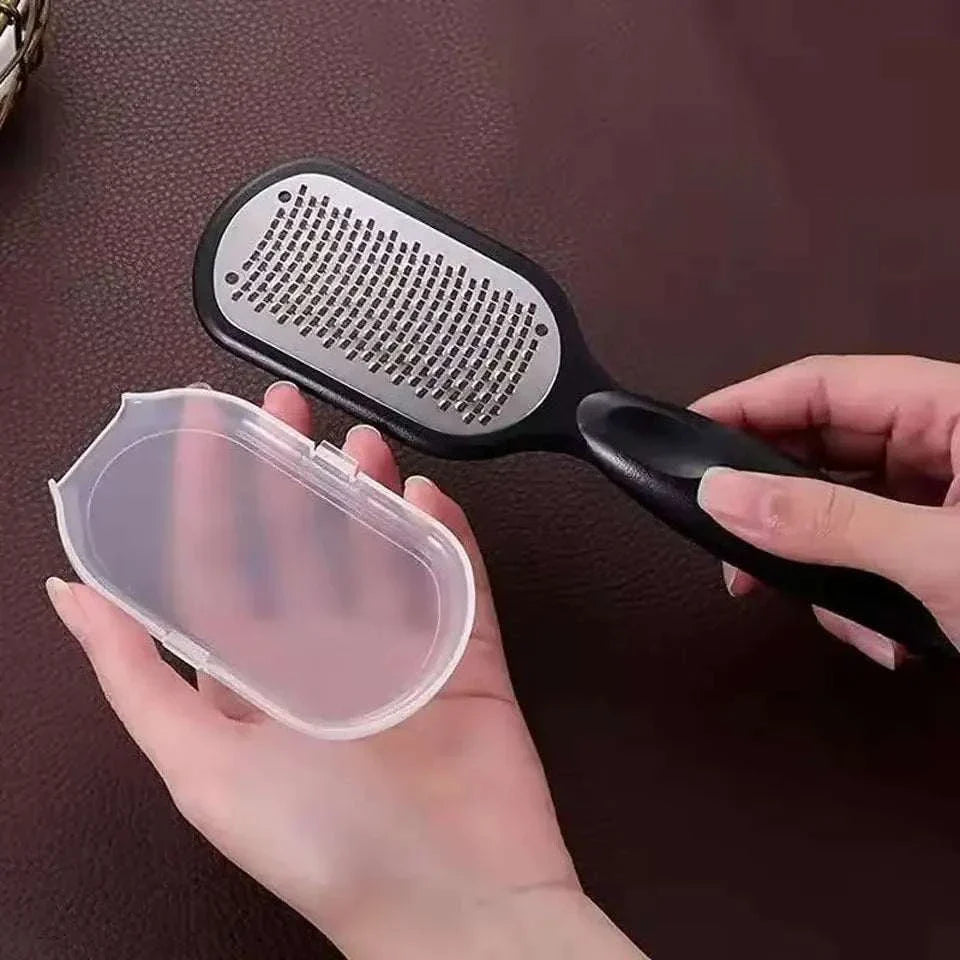Professional foot file rasp with ergonomic handle and protective cover for callus removal and smooth feet care.
