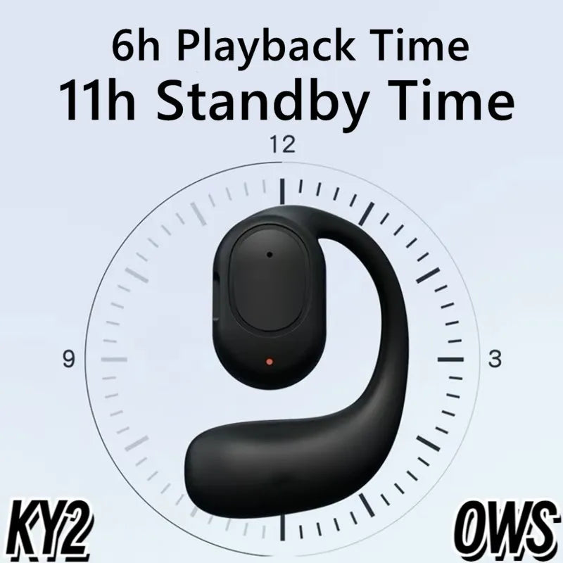 Wireless Bluetooth Earphones KY2 with open-ear design, secure ear-hook, 6 hours playback, 11 hours standby, and touch controls