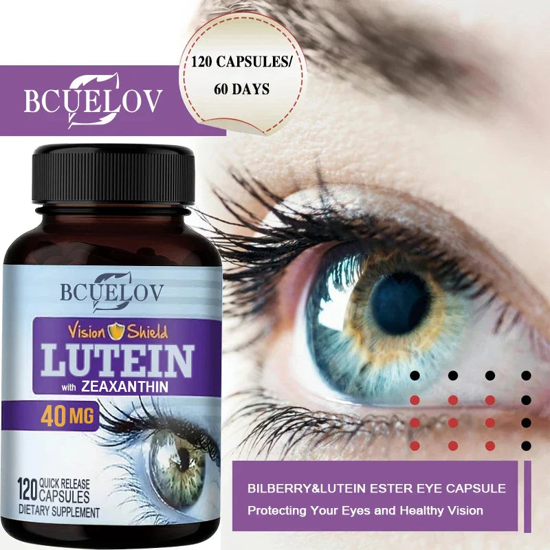 Bcuelov High Potency Lutein Capsules bottle with an eye close-up highlighting eye health and protection features