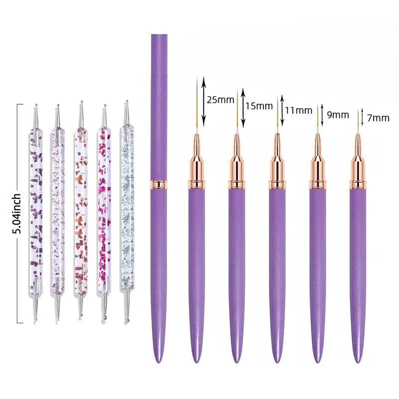 Set of 5 purple nail liner brushes with varying tip sizes for precise nail art designs