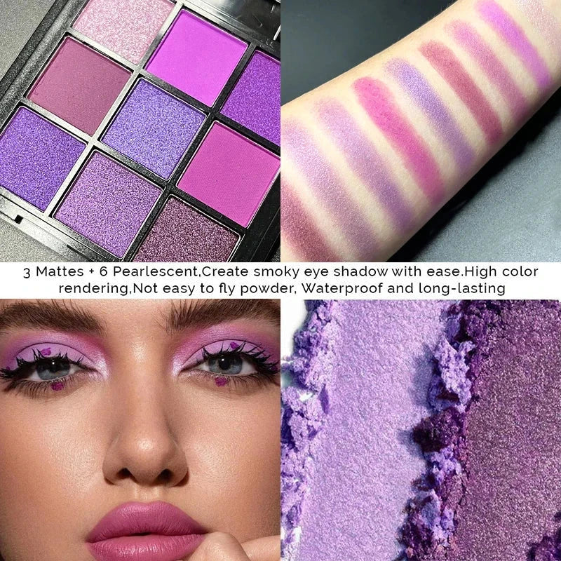 9-Grid Red & Purple Eyeshadow Palette with matte and pearlescent shades swatched and modeled on eyes
