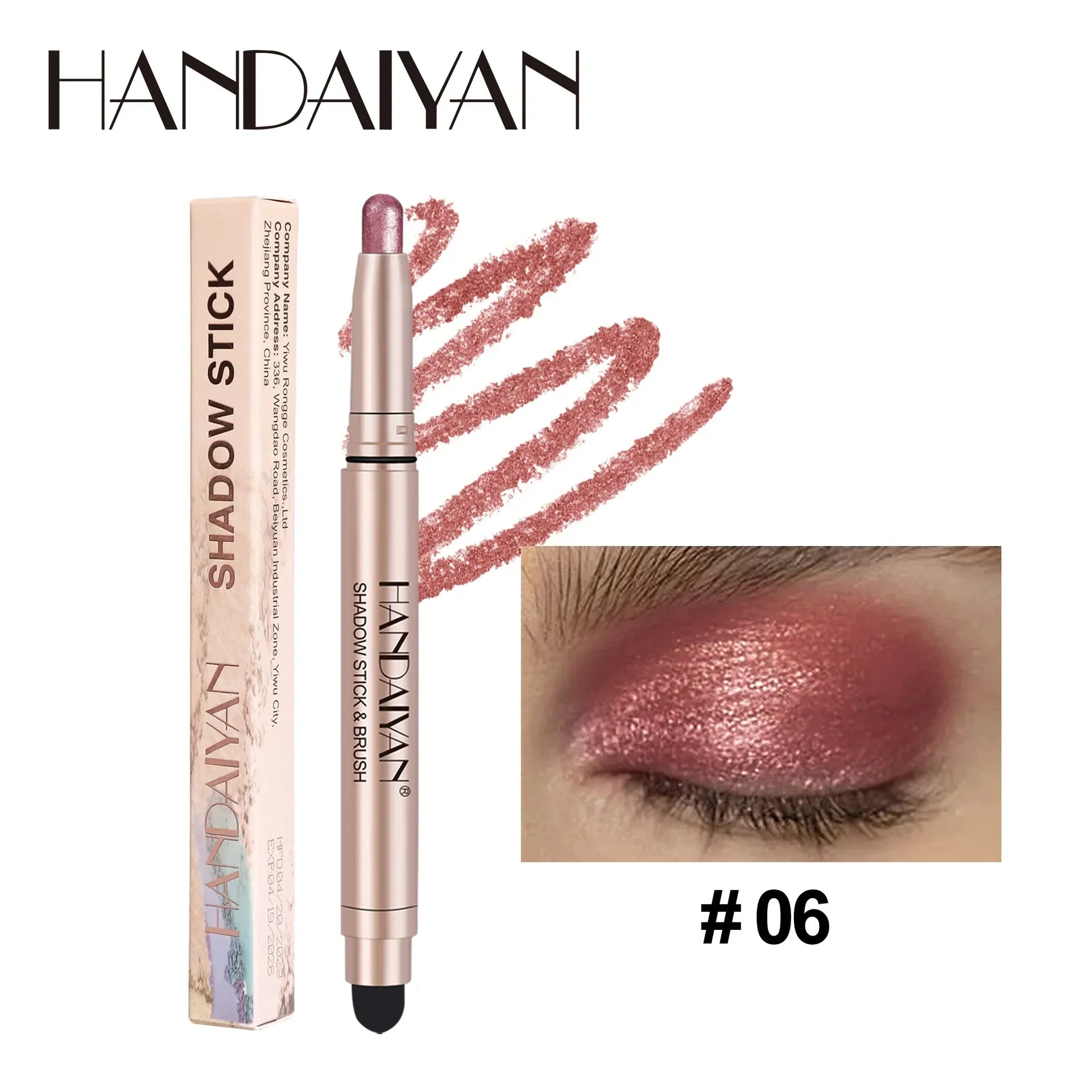 Handaiyan Highlighting Eye Shadow Stick in rose shimmer with creamy, crease-free formula for radiant eyeshadow looks