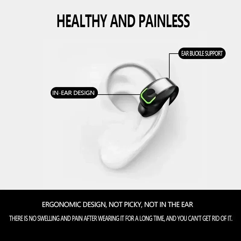 Bluetooth Clip-On Bone Conduction Earphone with ergonomic in-ear design and ear buckle support for comfortable, pain-free long-term wear