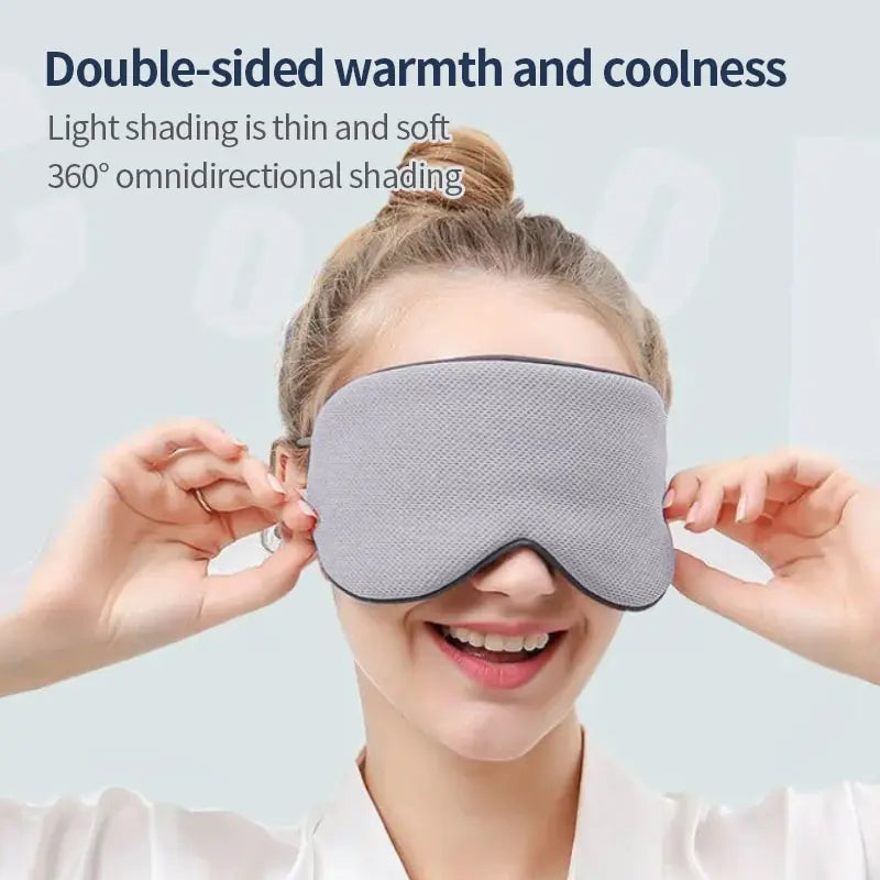 Korean-Style Ice Silk Sleeping Eye Mask with double-sided warmth and coolness, light shading, and 360° omnidirectional shading, worn by smiling woman
