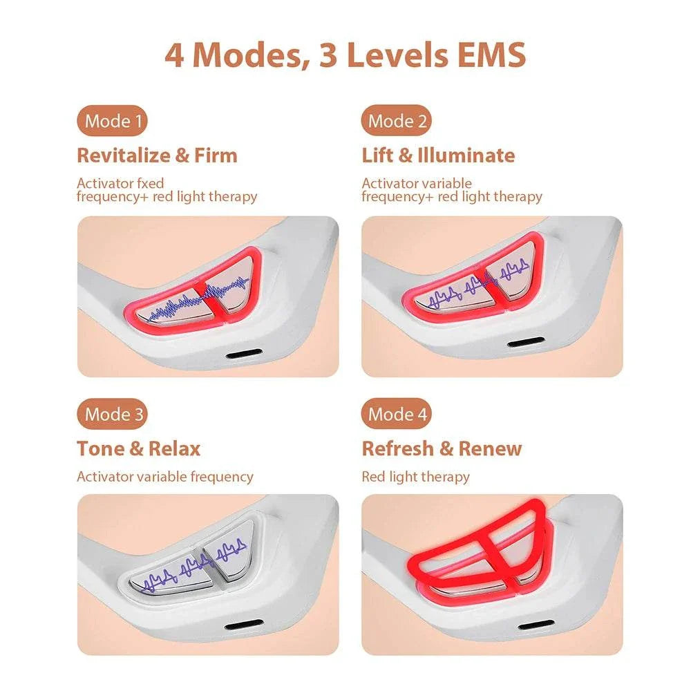 3D Eye Massager with 4 modes and 3 EMS levels for revitalizing, lifting, toning, and refreshing eyes using red light therapy.