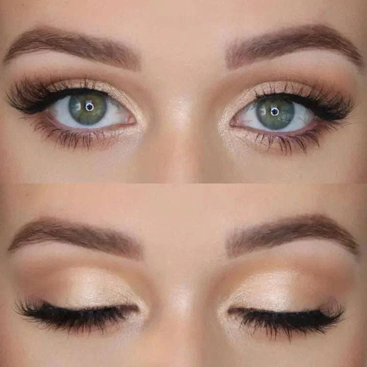 Close-up of eyes with shimmering golden eyeshadow and long lashes showcasing face and body shimmering highlighter makeup look