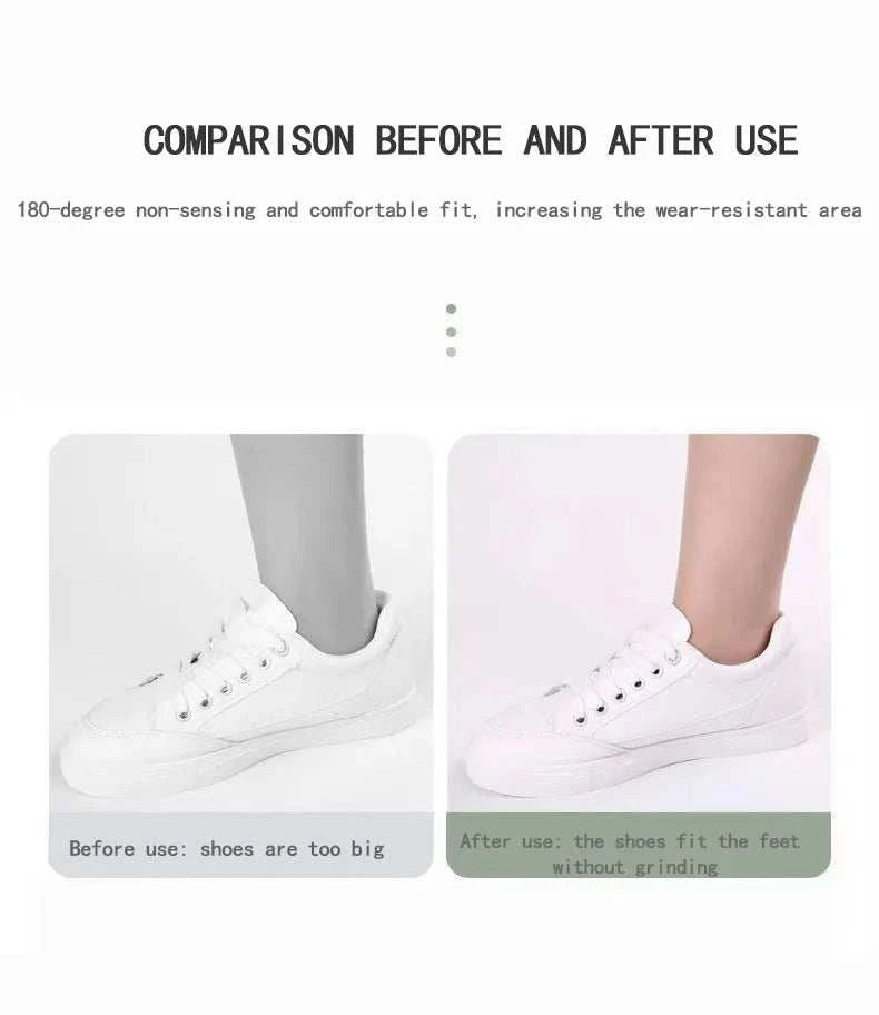 Before and after comparison of heel cushion pads improving shoe fit and comfort by preventing heel rubbing and slipping in white sneakers.