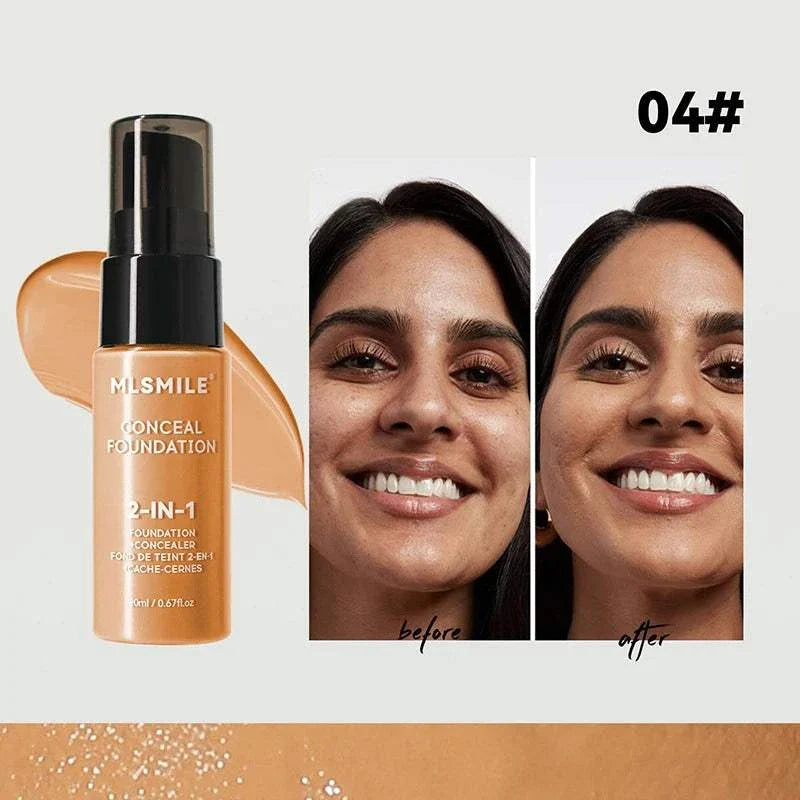 Face Foundation Cream bottle with foundation swatch and before and after comparison showing smooth, flawless skin with full coverage and matte finish