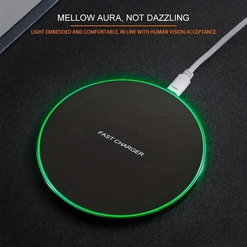 30W wireless charger pad with green LED light ring and sleek black surface for fast charging