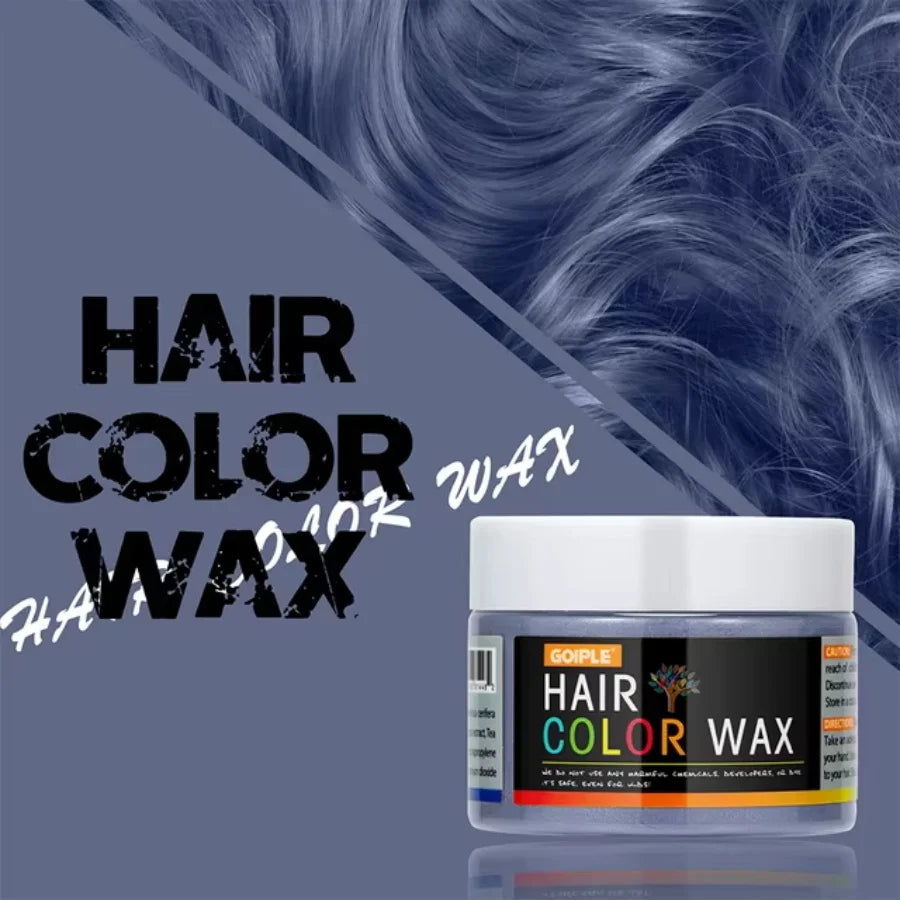 GOIPLE Hair Colour Wax container with colorful text and vibrant blue hair background, temporary washable hair color cream for DIY styling
