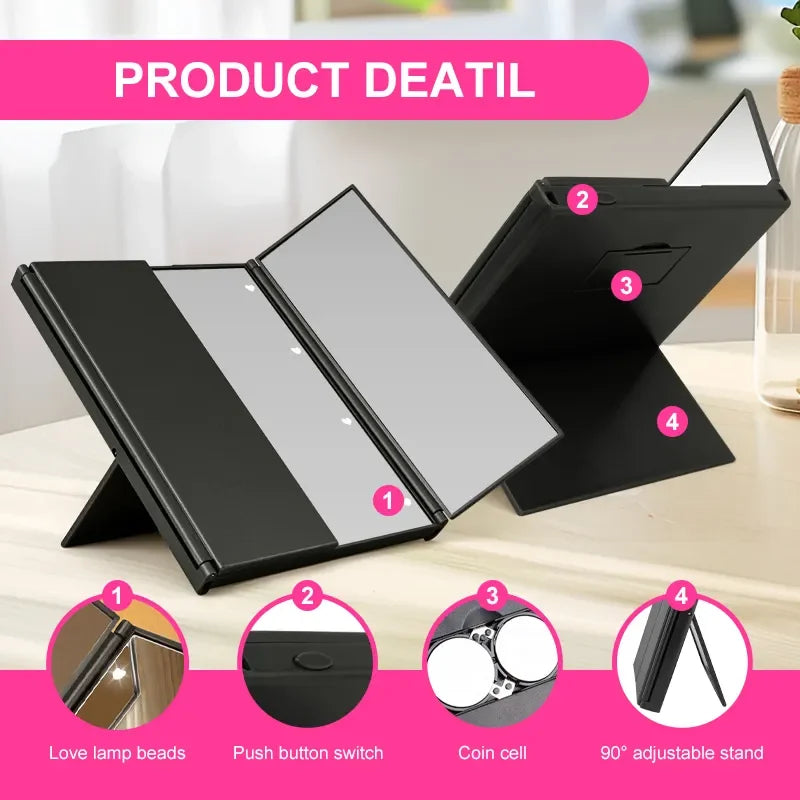 Portable black three-sided LED makeup mirror with adjustable stand and bright illumination for travel and precise makeup application