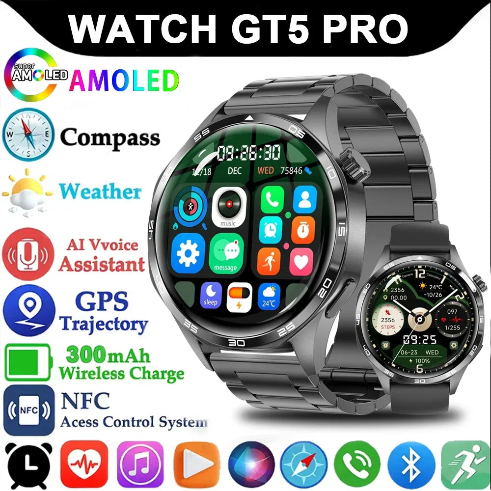 HUAWEI GT5 Pro Smartwatch with AMOLED display, GPS, NFC, AI voice assistant, wireless charging, and fitness tracking features.