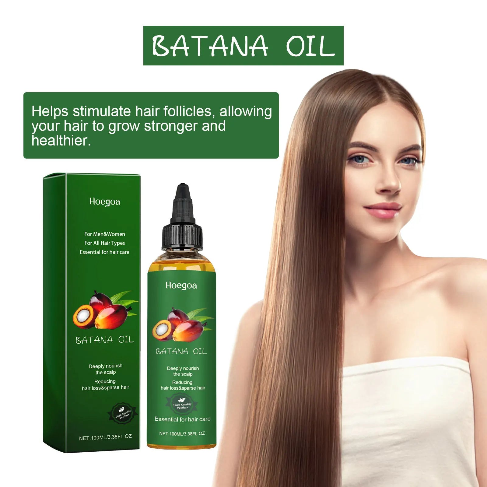 Batana Nourishing Hair Oil bottle and packaging with long healthy hair woman promoting hair growth and repair