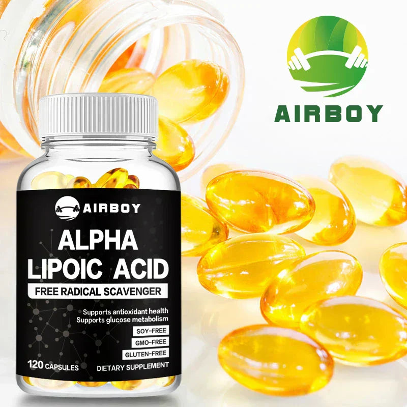 Bottle of Airboy Alpha Lipoic Acid 600mg capsules with yellow softgels promoting antioxidant health and glucose metabolism dietary supplement