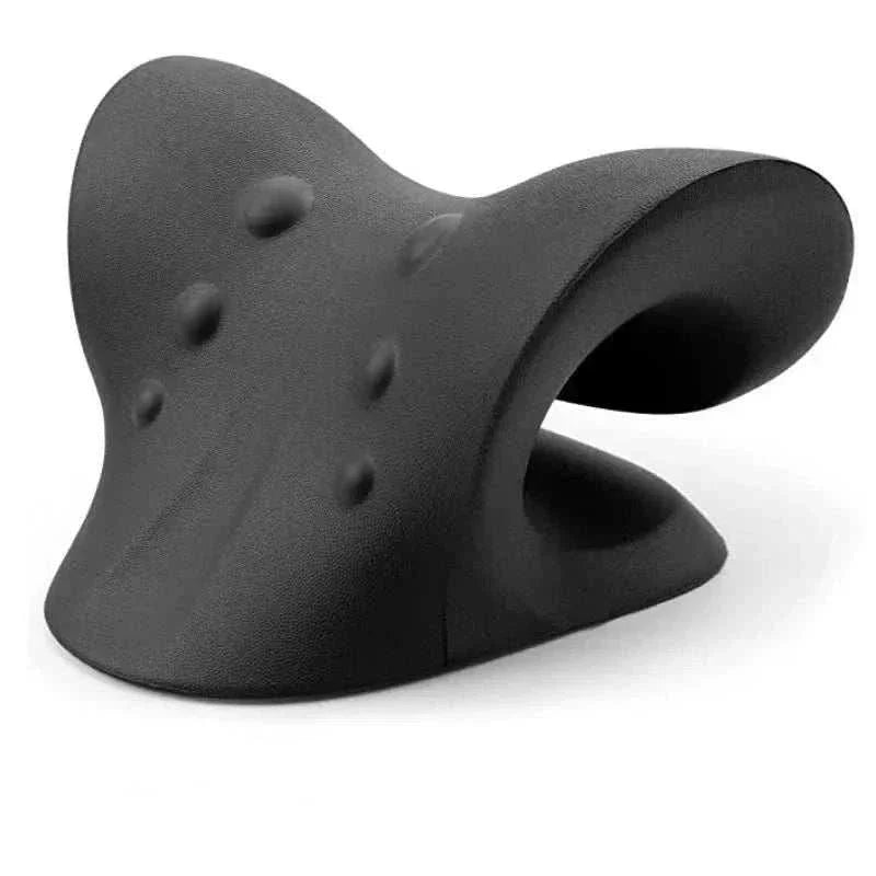 Black ergonomic cervical chiropractic traction device for neck and shoulder pain relief and posture support