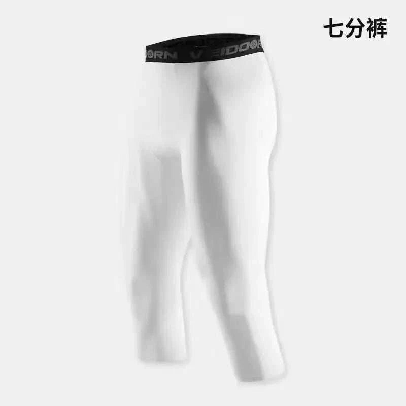 White men's compression workout tights with black waistband designed for muscle support and enhanced endurance.