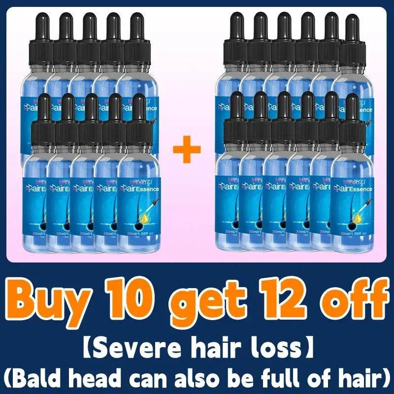 Set of blue dropper bottles for hair growth treatment with promotional offer for severe hair loss and baldness.