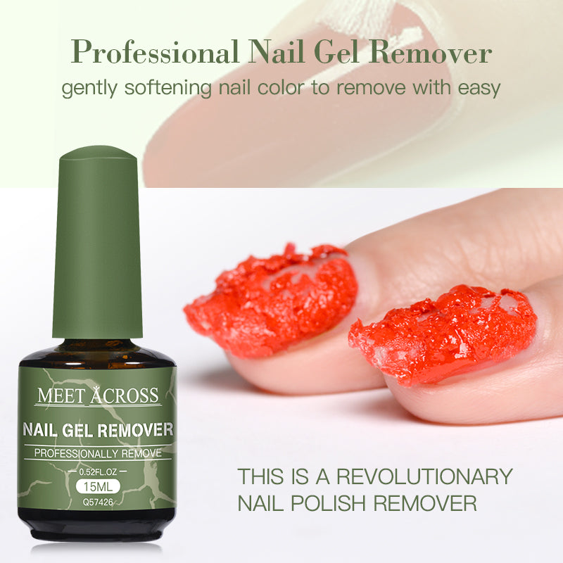 Bottle of Meet Across Fast Nail Gel Polish Remover with gel polish dissolving on fingernails